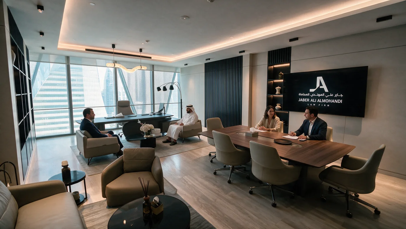 The executive office: two people seated in the lounge area by the window on the left, two more working at the long wooden table on the right, and the firm’s name and emblem on the wall