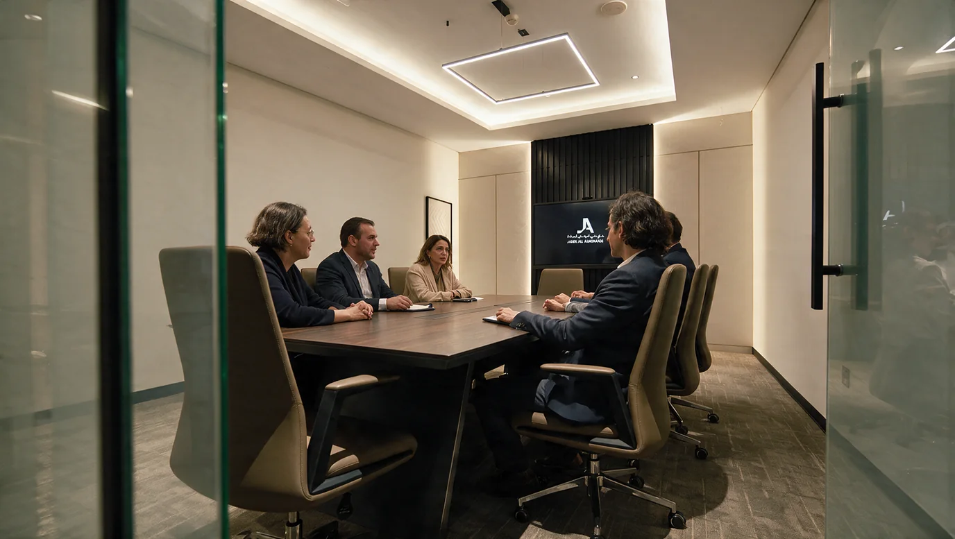 A meeting room seen through its glass doors, with people seated around a wooden conference table beneath the firm’s emblem