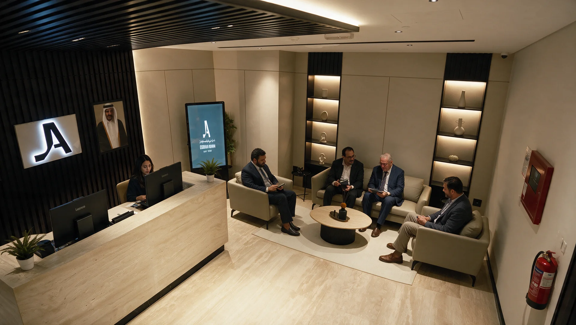 The reception: a receptionist at the desk beneath the illuminated emblem, and four visitors seated in the waiting area