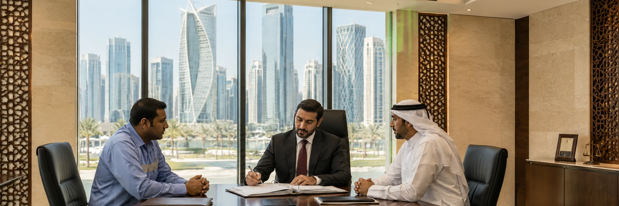 A lawyer completing a signed document at a boardroom table between a worker and a Qatari client, the Doha skyline visible through the window