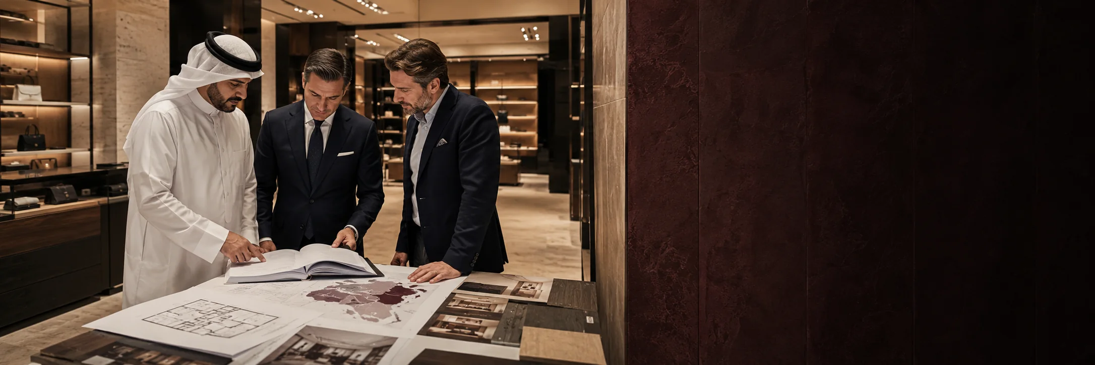 A Qatari client and two advisers examining store layout drawings and material samples spread on a table inside a retail interior