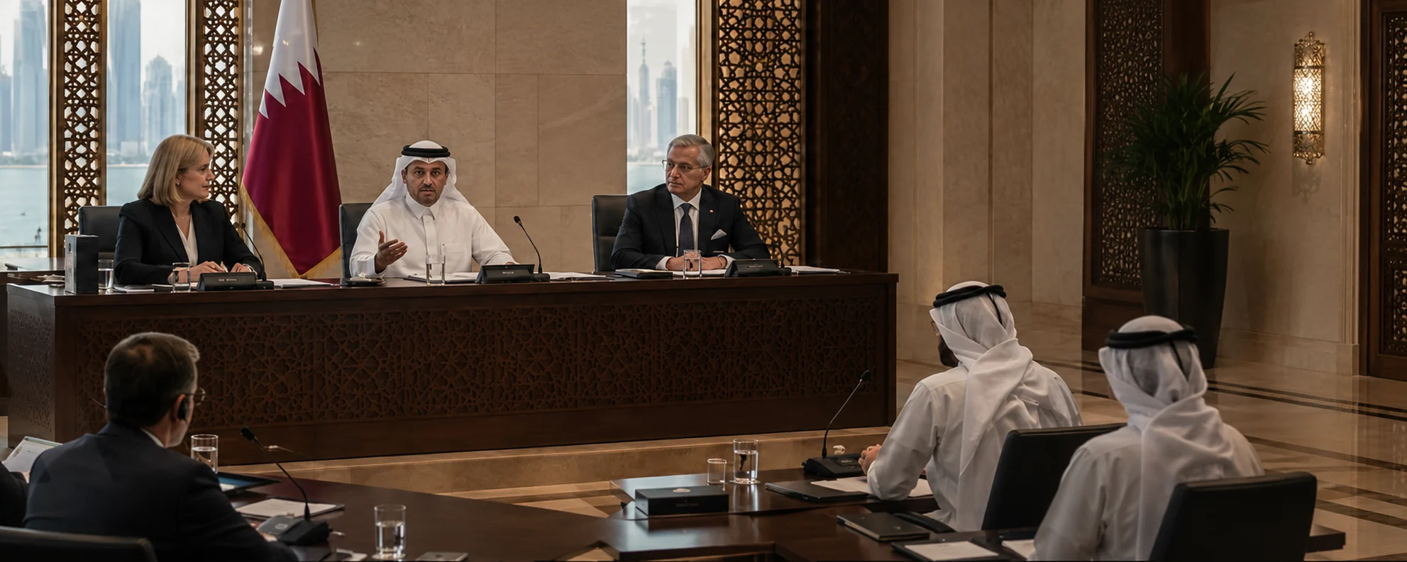 A commercial arbitration hearing in Doha, Qatar: a three-member tribunal on the bench with the Qatari flag behind them, and the parties' legal teams at counsel tables with pleadings and interpretation headsets