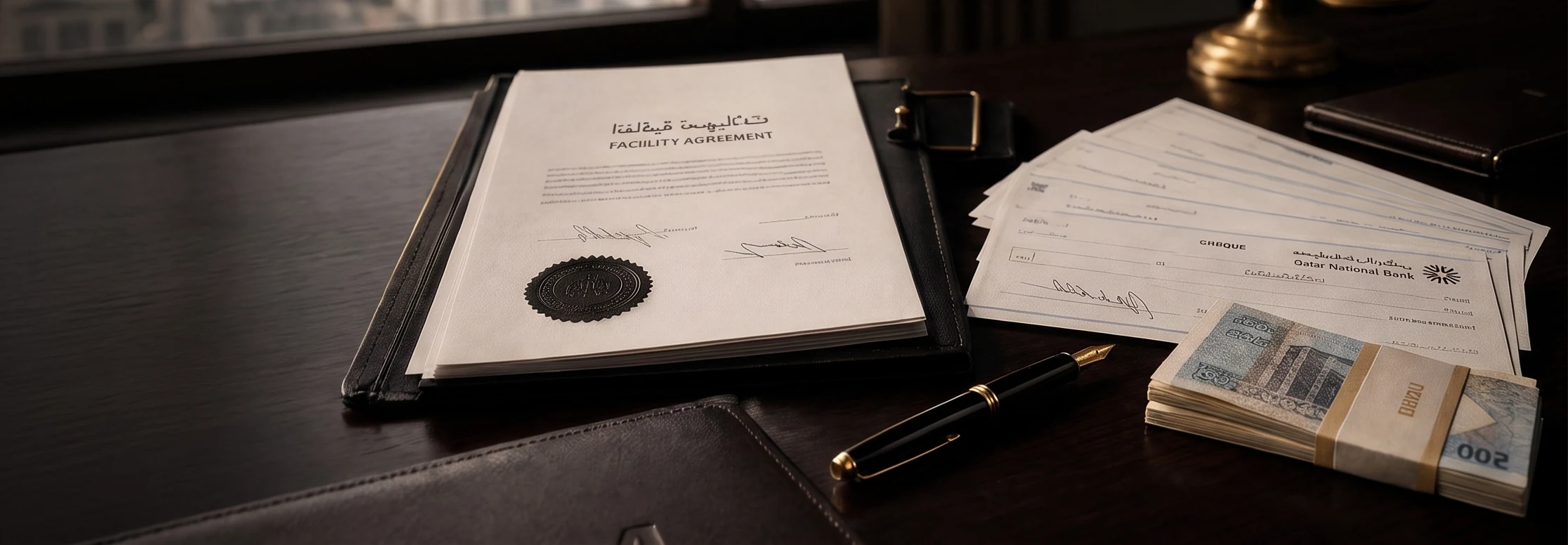 A signed facility agreement in a leather folder on a dark desk in a Doha office, with a fountain pen, a stack of Qatar National Bank cheques, banded 500-riyal notes and a pair of brass scales