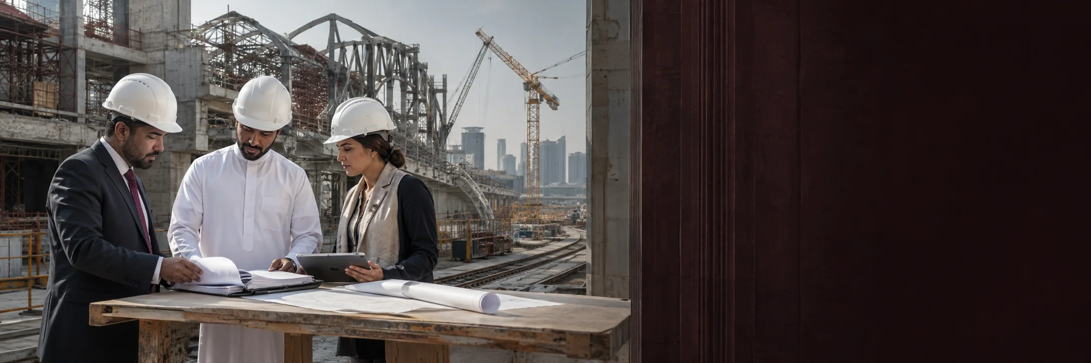 Three people in safety helmets and high-visibility vests reviewing drawings on a table at a Qatari construction site, a steel roof structure and tower cranes behind them