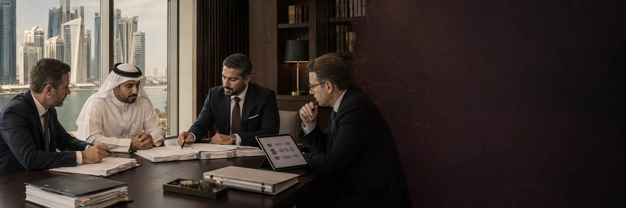 Four advisers around a boardroom table with folders and a tablet of figures, the Doha skyline and bay through the window behind them