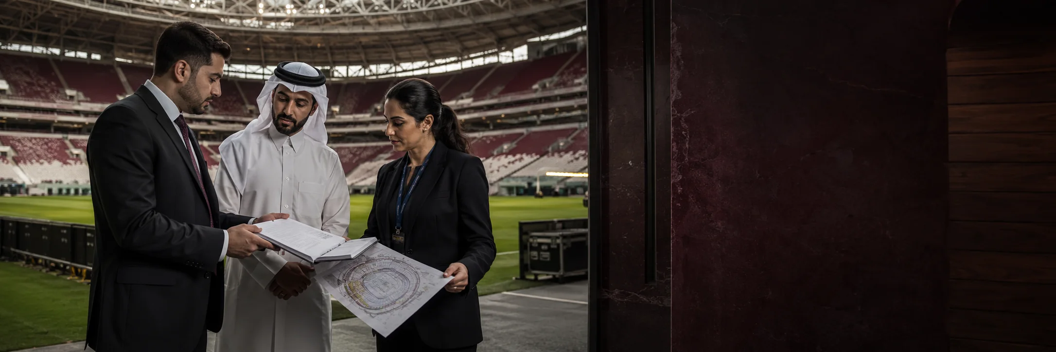 A Qatari client and two advisers reviewing plans together on the pitch of a Qatari stadium