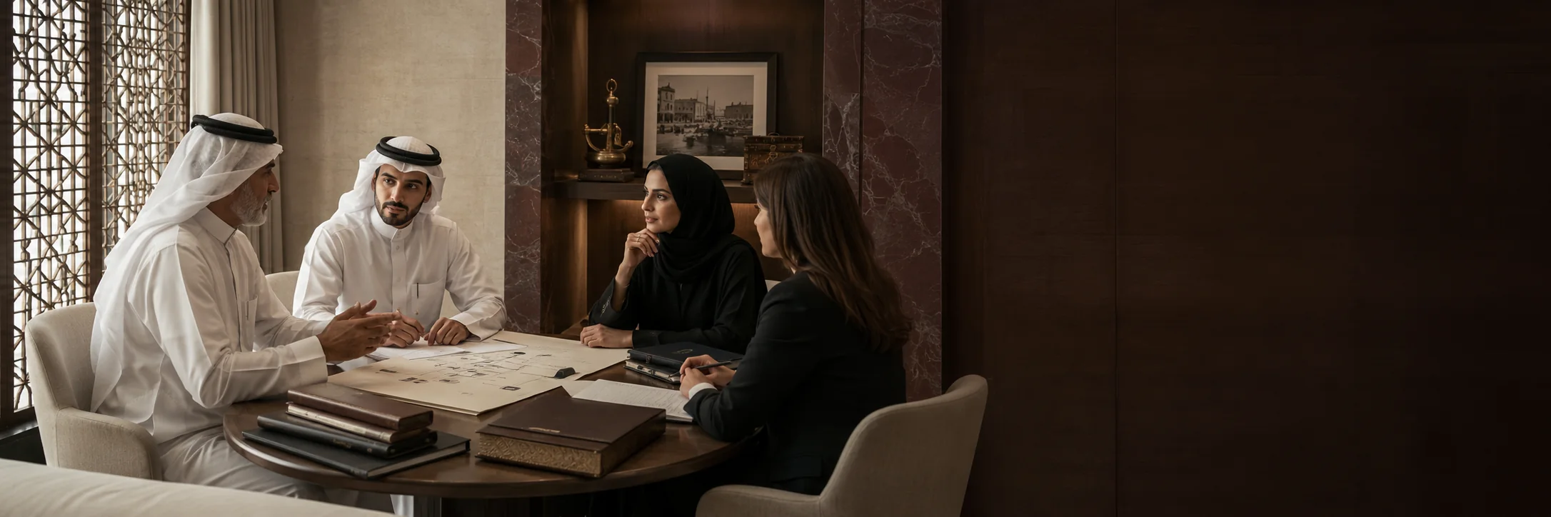 Two Qatari men in thobes and two women in professional dress seated around a table in a Doha office, reviewing family business papers together