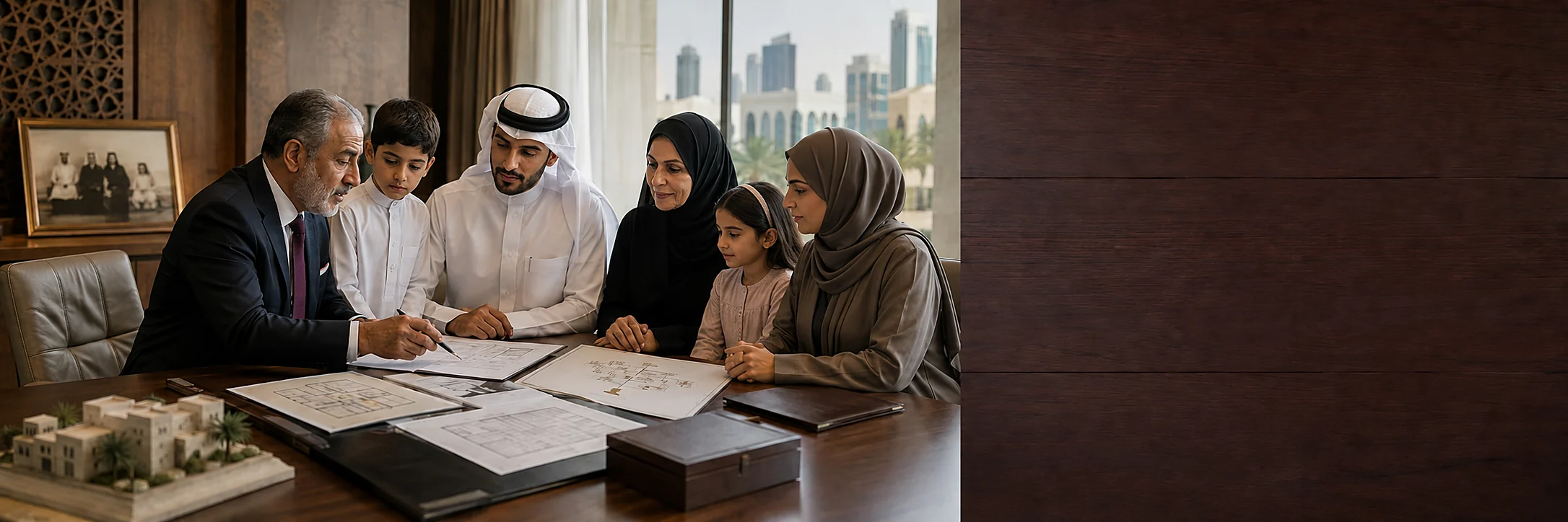 A senior lawyer seated with three generations of a Qatari family in a Doha office, a family tree diagram and property floor plans open on the table between them beside a model of villas, a historic family photograph on the wall behind