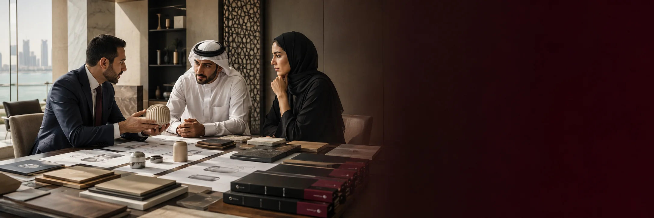 A Qatari client and two advisers examining product prototypes and design portfolios laid out on a table in a Doha office