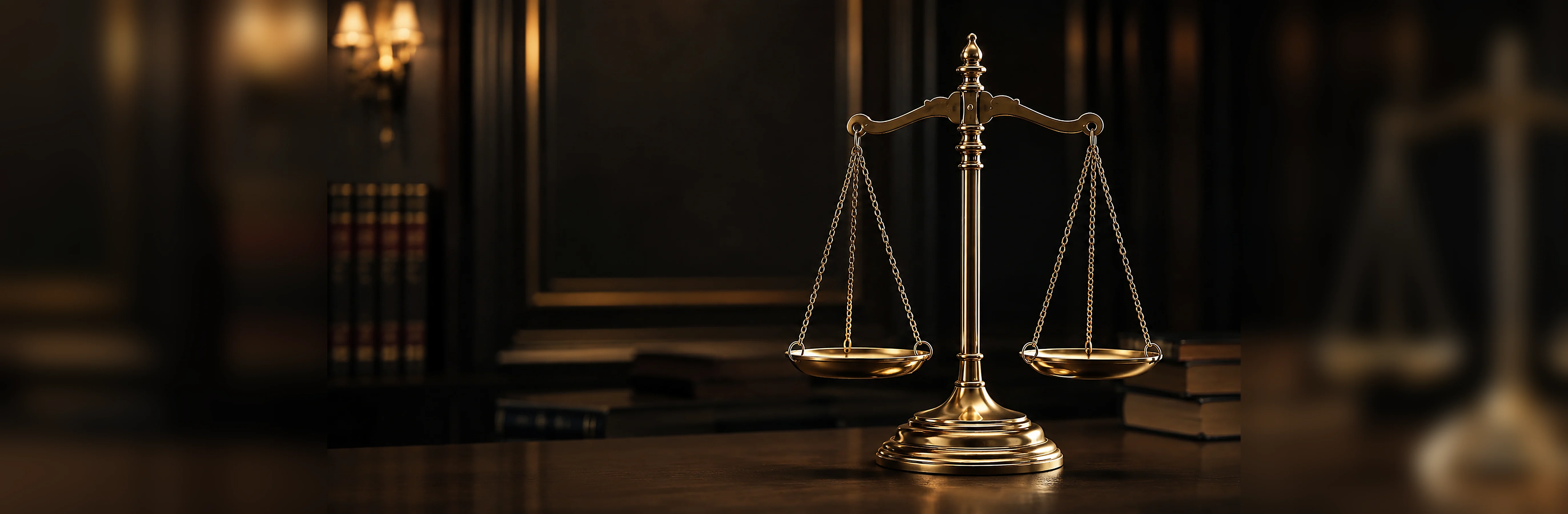 A close, softly lit brass scale of justice standing on a wooden desk beside a stack of law books, a lit wall sconce behind it