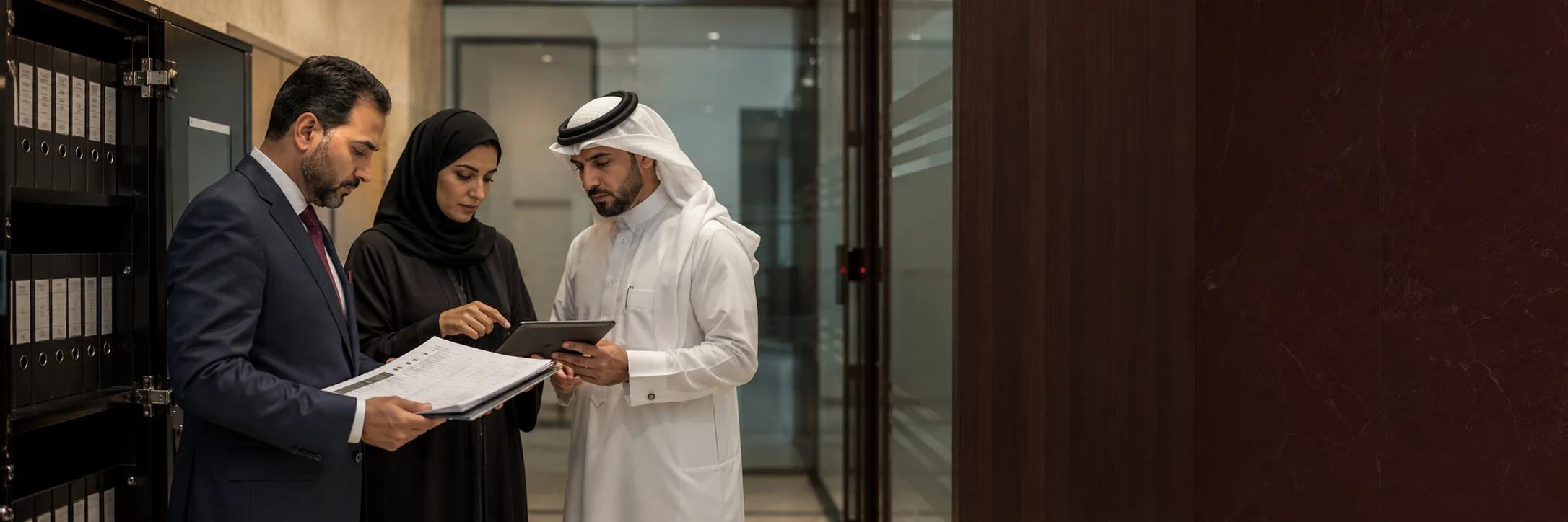 A compliance team of three reviewing a document and a tablet beside a wall of archive binders in a Doha office