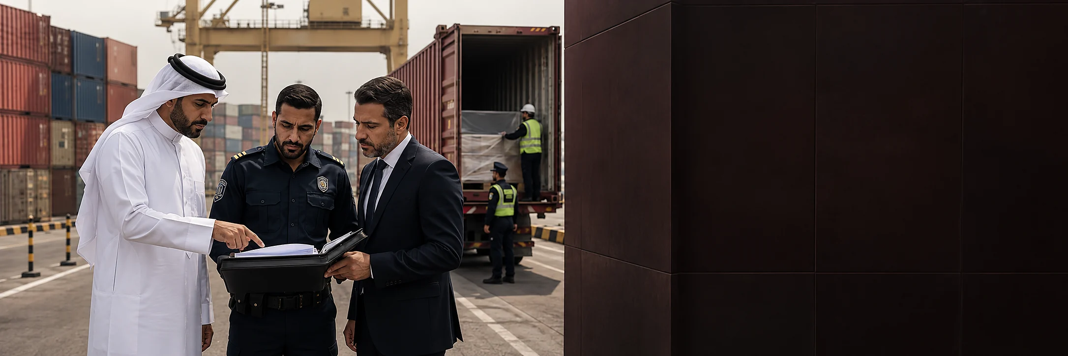 A Qatari lawyer and a uniformed customs officer reviewing a file together beside stacked shipping containers at a Qatari port