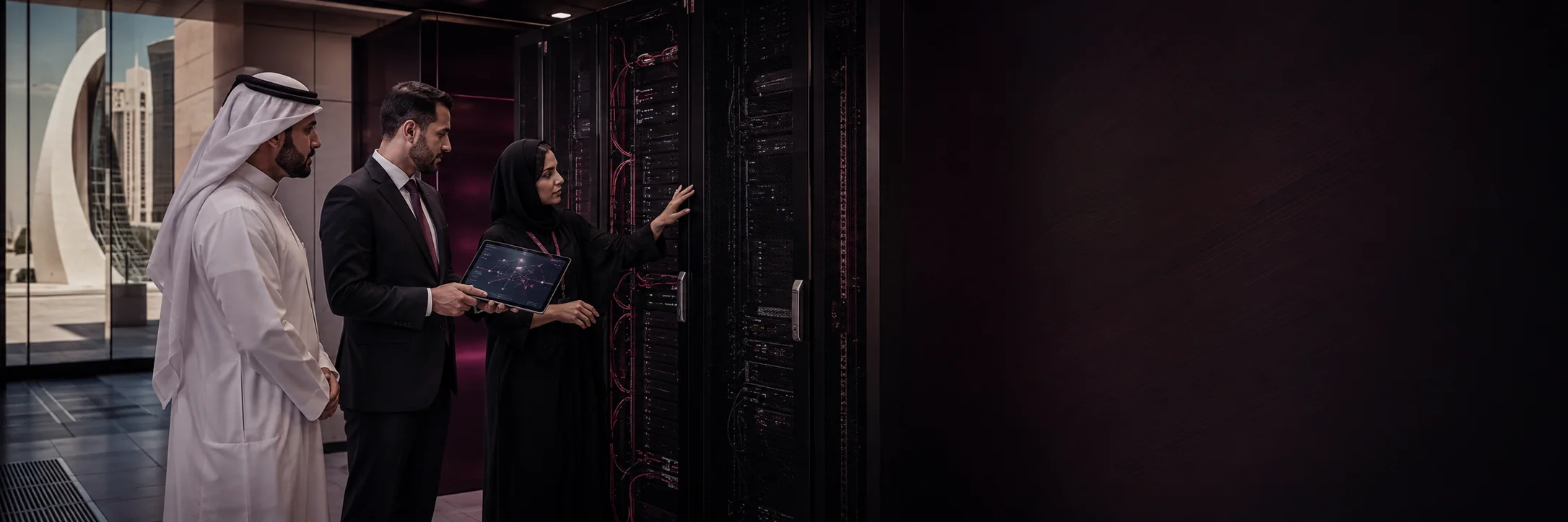 A Qatari client and two colleagues reviewing a tablet in the server aisle of a data centre
