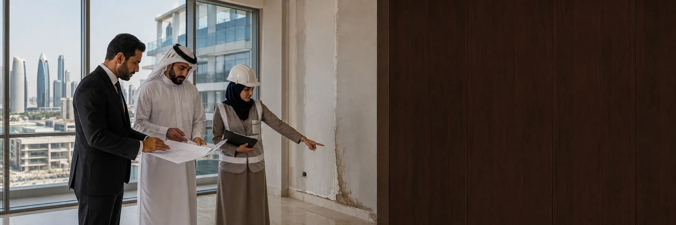 A lawyer, a Qatari client and a woman engineer in a safety helmet inspecting water damage on the wall of a newly completed apartment, a marked-up drawing in hand and the Doha marina through the glazing
