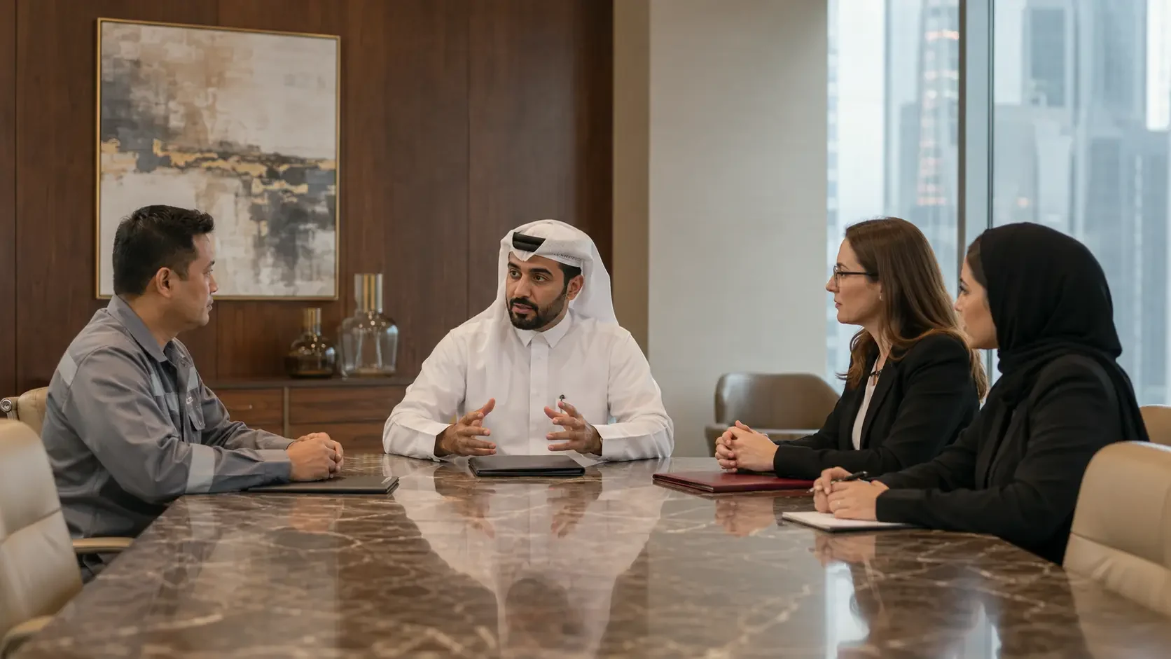 A meeting across a polished stone table between a man in Qatari dress, a man in workwear and two advisers in dark suits, papers and a folder open in front of them.