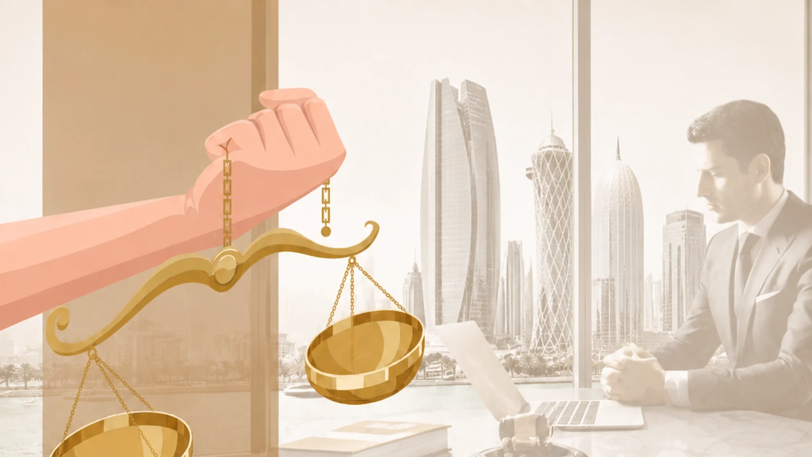 A composite illustration of a hand holding a golden scale of justice in the foreground, overlaid on a faded sepia-toned office scene of a lawyer seated at a marble desk with a gavel, a law book and a calculator, the Doha skyline visible through the window behind him.