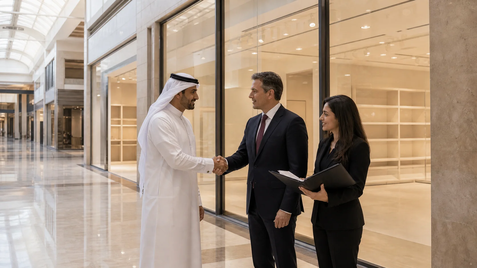 A Qatari businessman and a suited businessman shaking hands in front of a new shop unit being fitted out in a retail arcade, a colleague beside them holding the agreement folder.