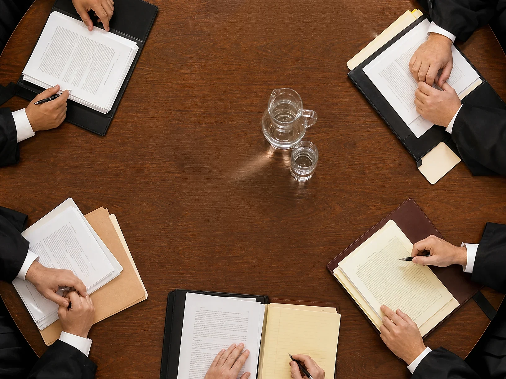 An overhead view of six people in black robes seated around a round wooden table, each working through a bound file with a pen and a water jug in the middle of the table.