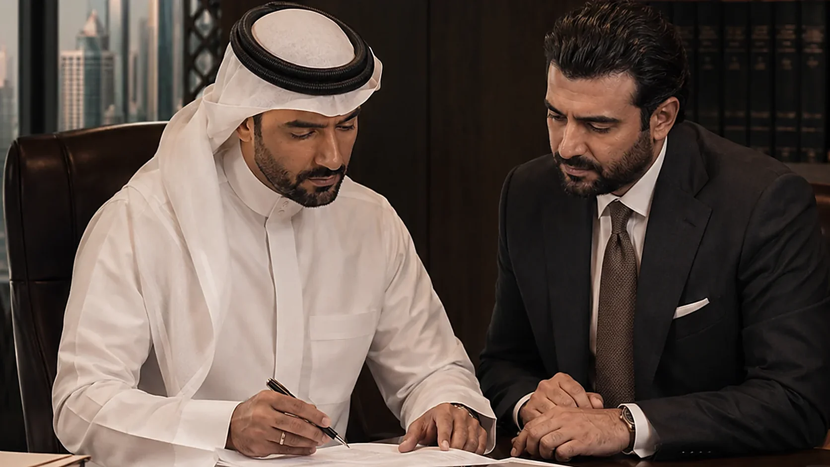 A man in Qatari dress signing a document at a desk with a pen, a colleague in a dark suit beside him, a skyline visible through the window and law volumes on the shelf behind them.