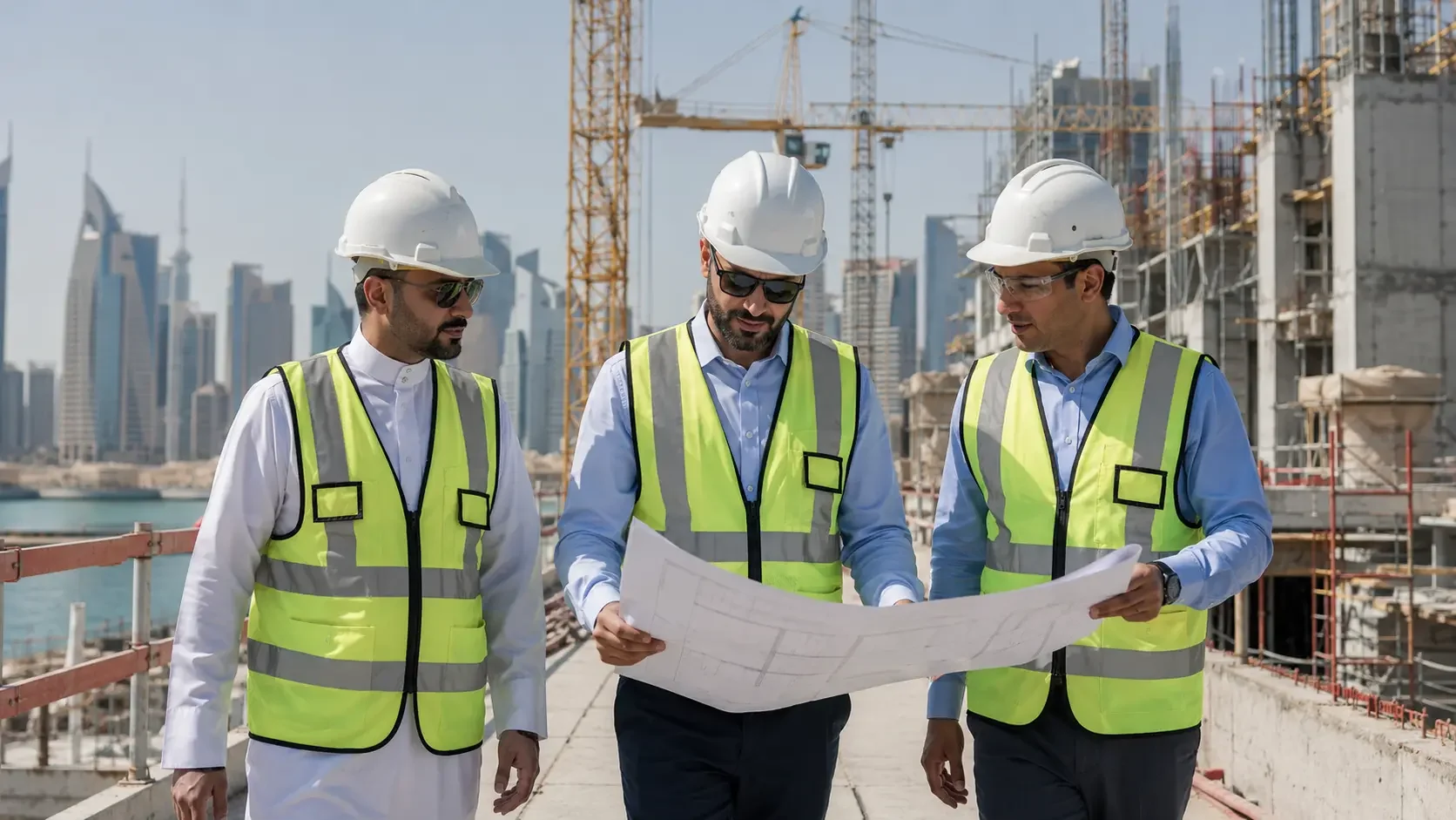 Three engineers in hard hats and high-visibility vests holding an unrolled drawing open between them on an open deck of a building under construction, tower cranes and the coastline behind.