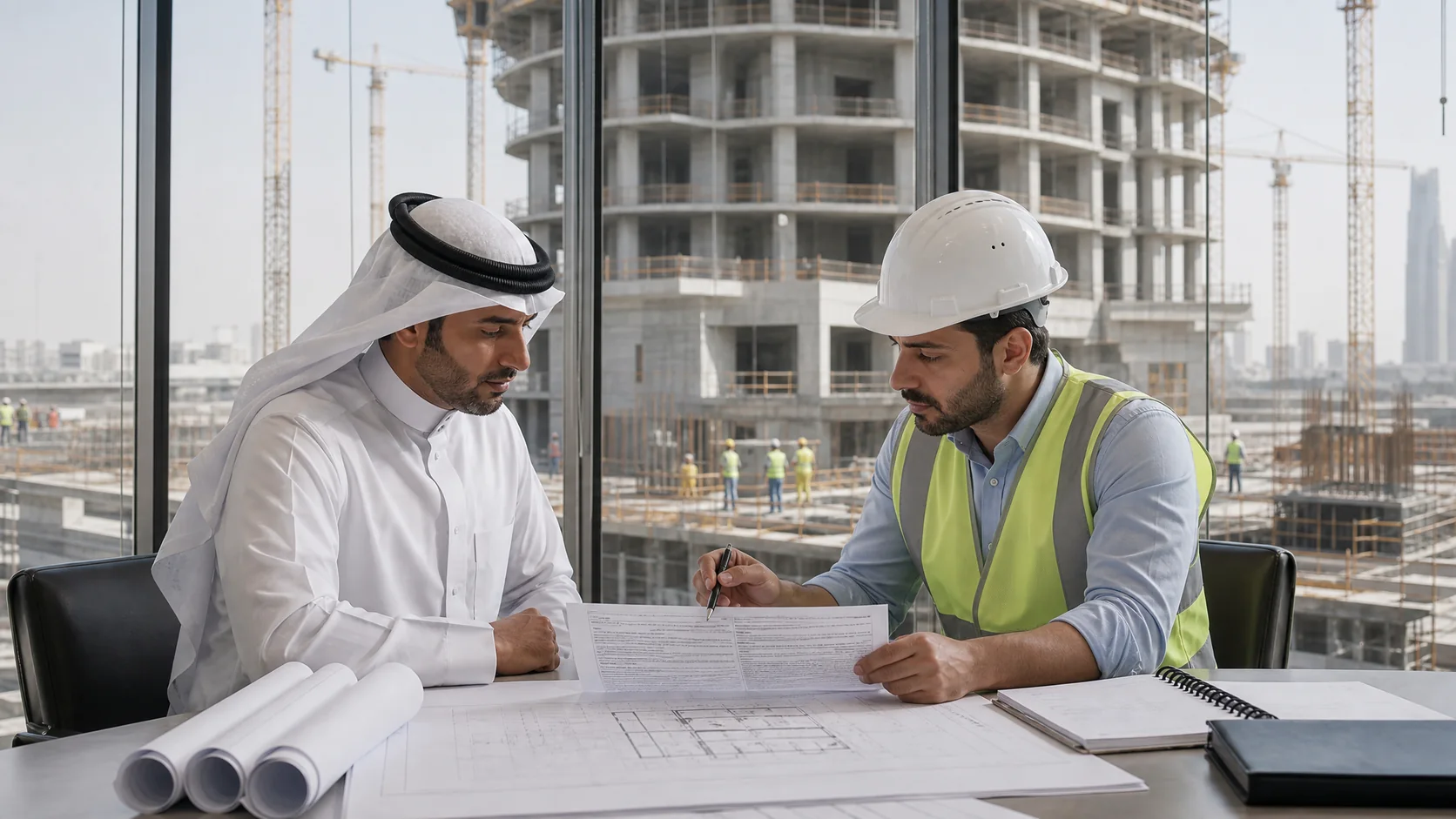A man in Qatari dress and an engineer in a hard hat and safety vest over a construction contract and drawings, a concrete tower rising under cranes through the glass behind them.