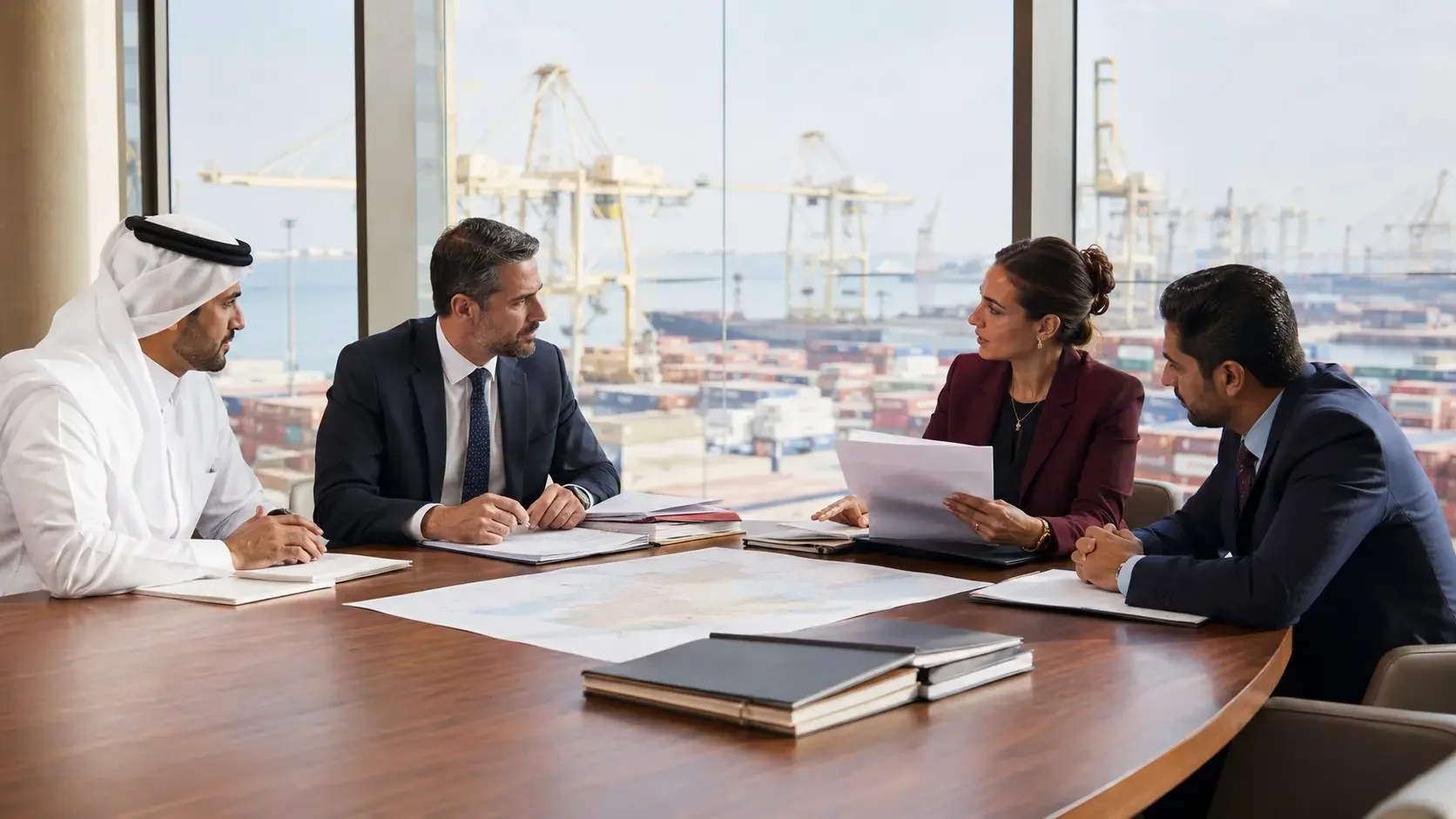 Four advisers reviewing a contract at a table overlooking a container port, cranes and stacked containers through the window behind them.