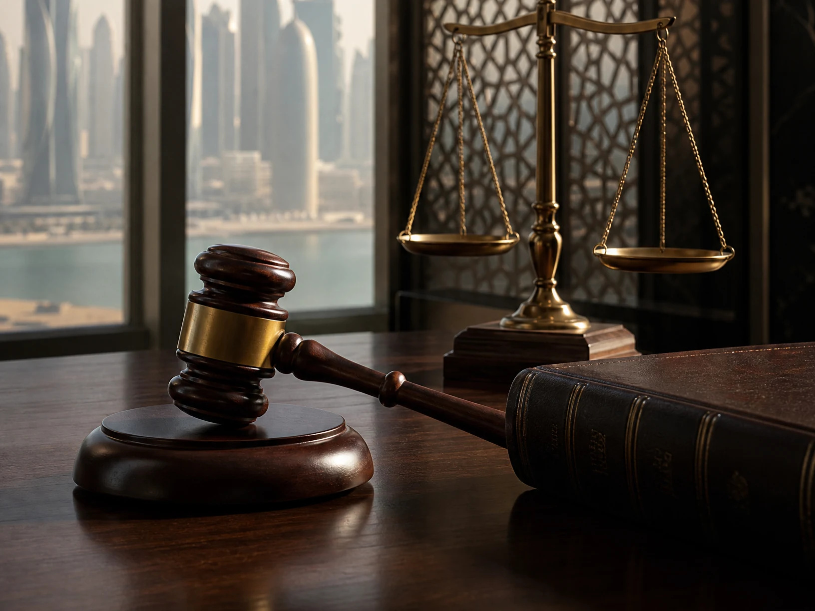 A wooden gavel on its block beside brass scales of justice and a leather-bound law book on a dark desk, a mashrabiya screen and the Doha skyline through the window behind.