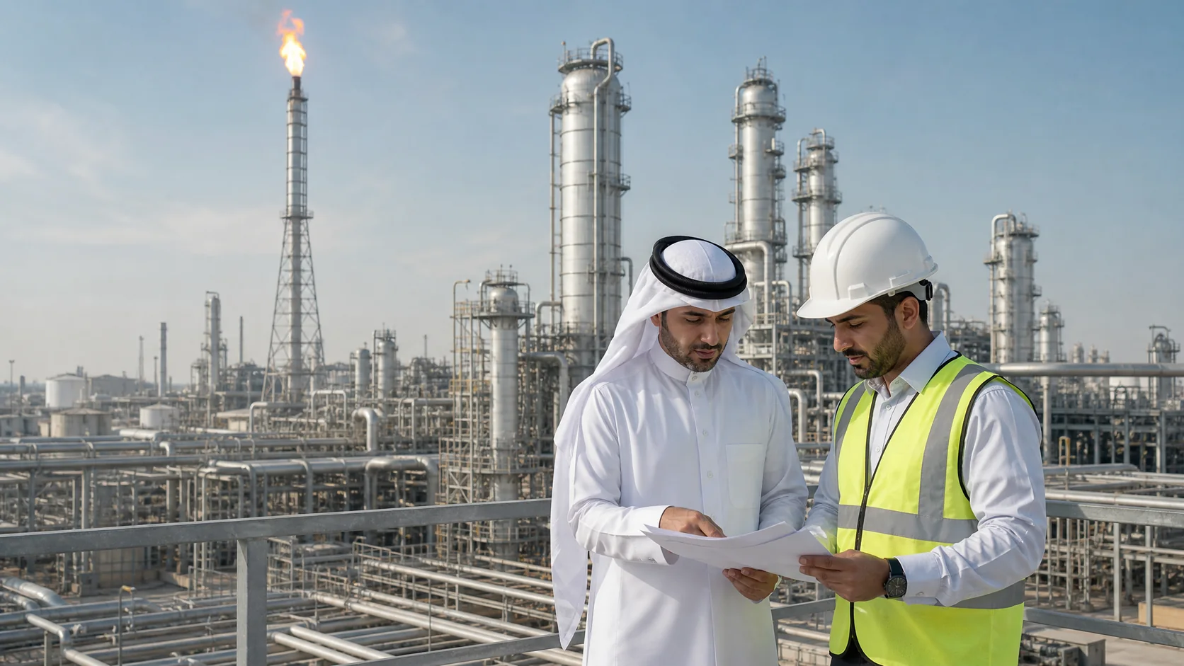 A man in Qatari dress and an engineer in a hard hat and safety vest reviewing documents on a platform inside a gas plant, processing towers and a burning flare stack behind them.