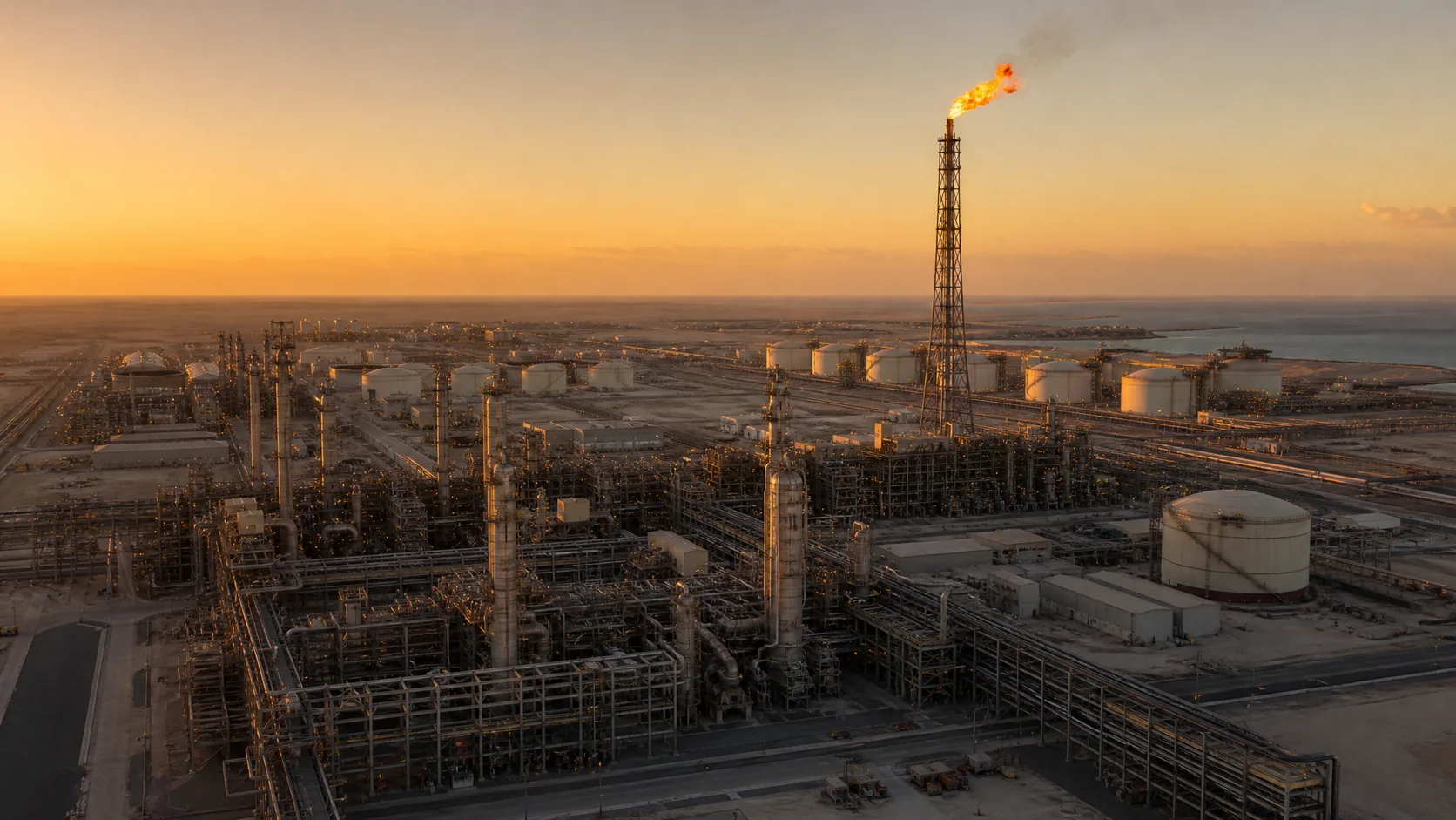 A gas processing plant at golden hour: processing towers, pipe racks and storage tanks stretching to the horizon, a tall stack burning a bright gas flare against the sky.