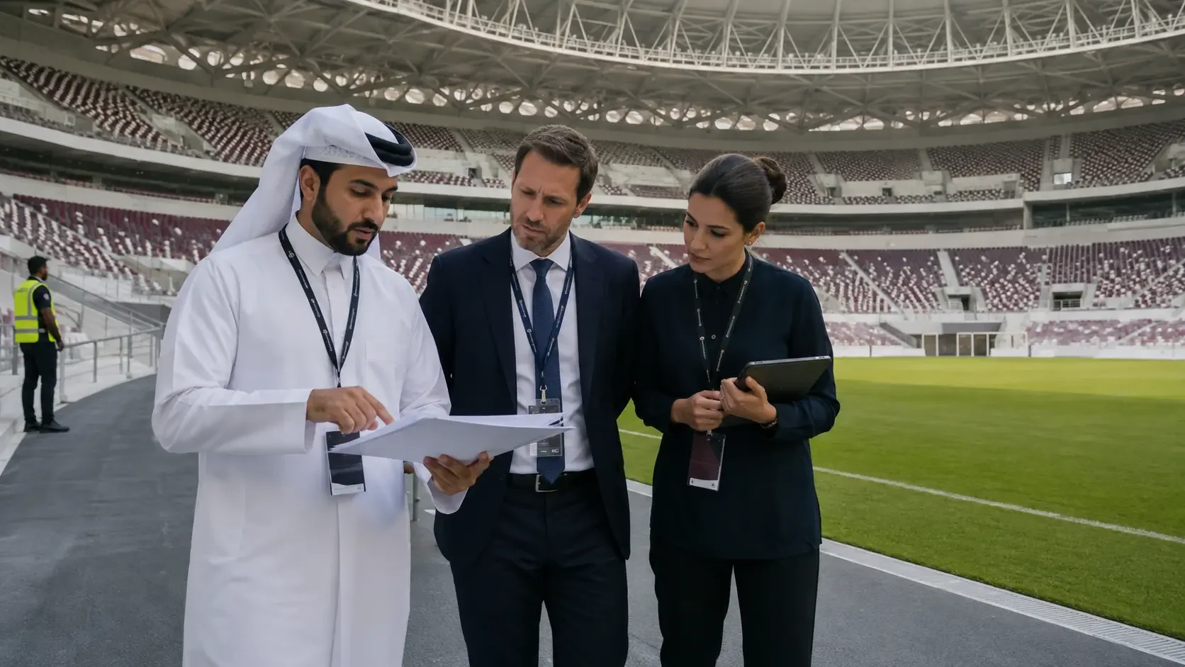 A man in Qatari dress holding a printed schedule with two accredited colleagues on the touchline of an empty stadium, the pitch and tiered seating behind them.