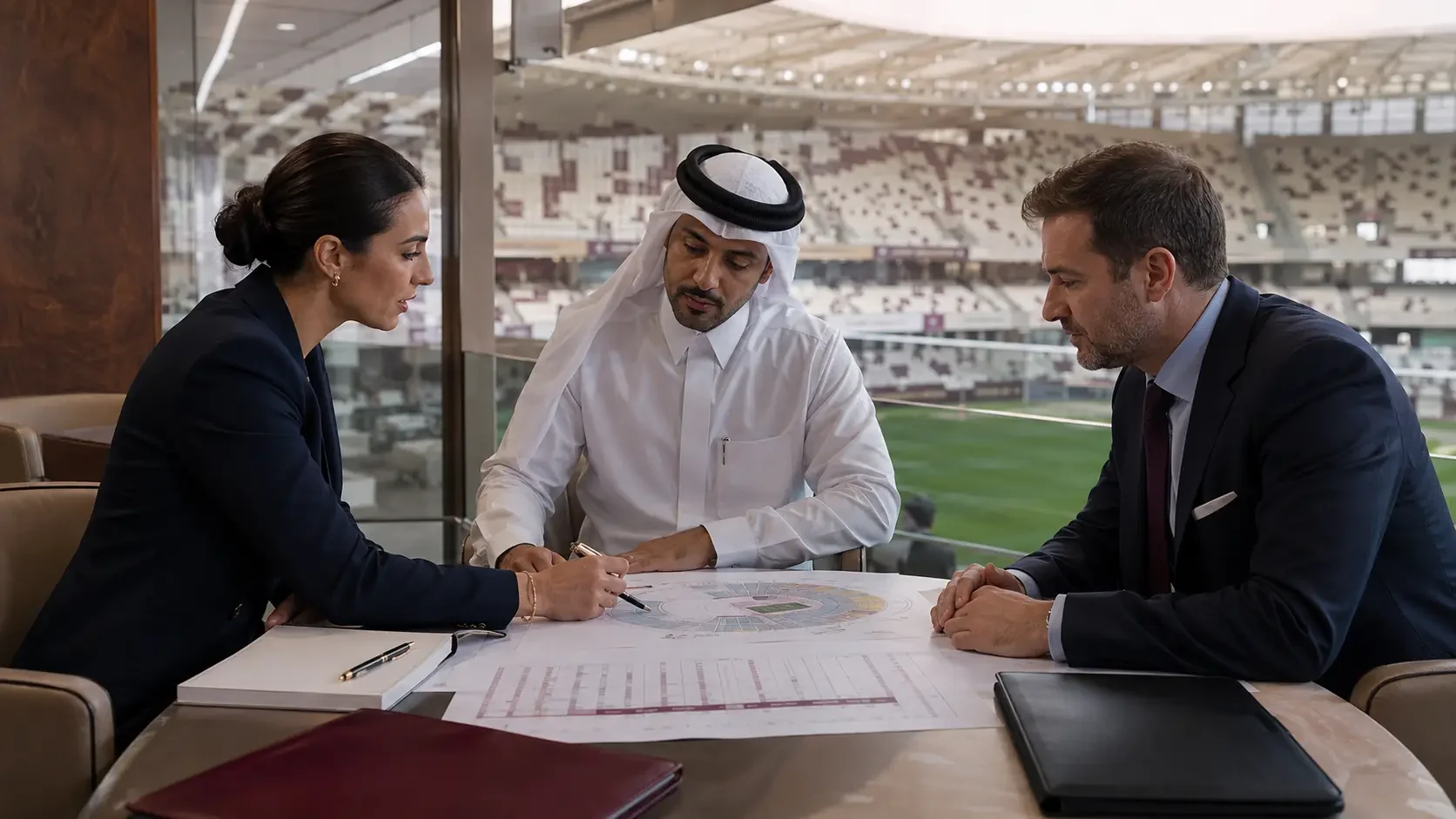 Three people signing an agreement in a stadium hospitality box, the pitch and stands visible through the glass behind them.