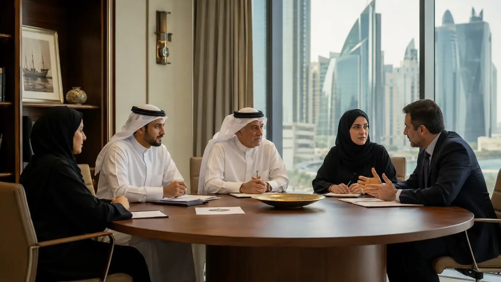 Five family members and advisers seated around a round table in a panelled room, papers in front of each of them and city towers through the window.