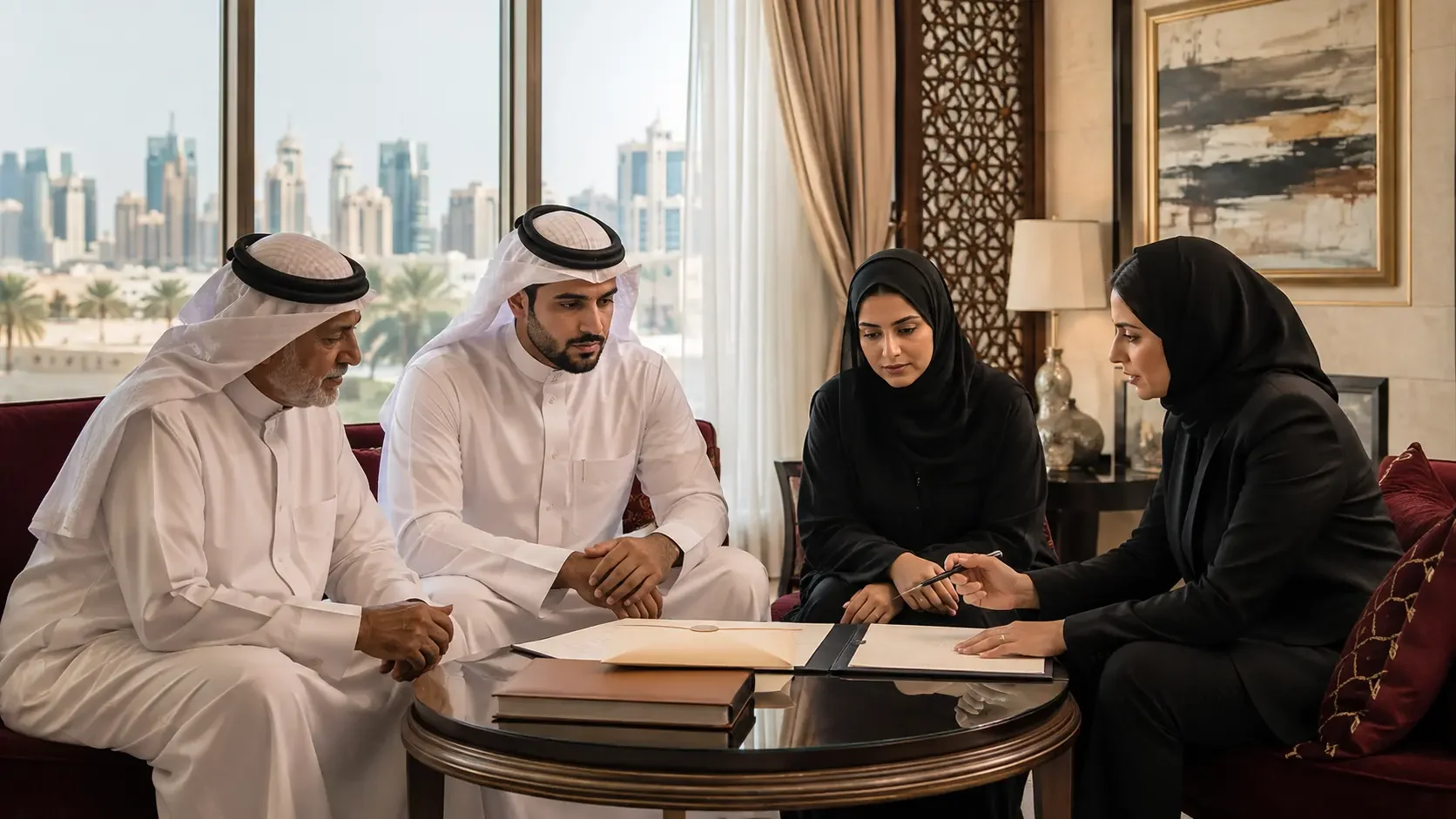 Two men in Qatari dress and two women in black abayas seated around a low table in a private majlis, an open document folder between them.