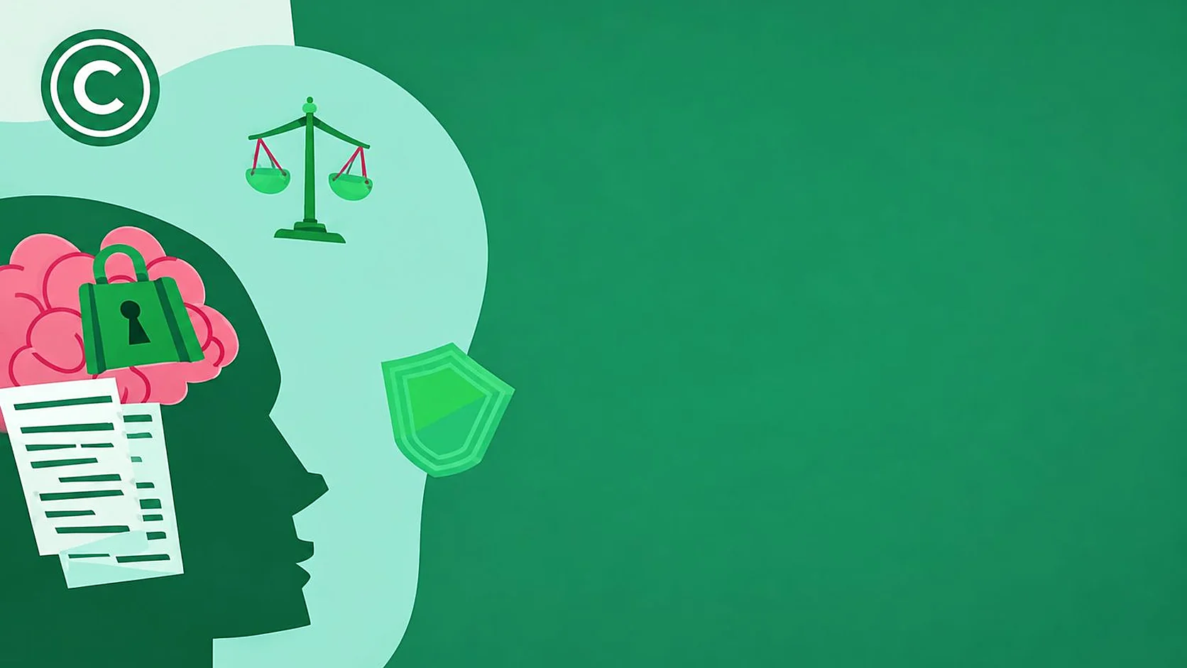 A teal explainer graphic: a flat-illustration head in profile with a brain, a padlock and a document inside it, ringed by icons for an idea, a copyright mark, a shield and a scale of justice.