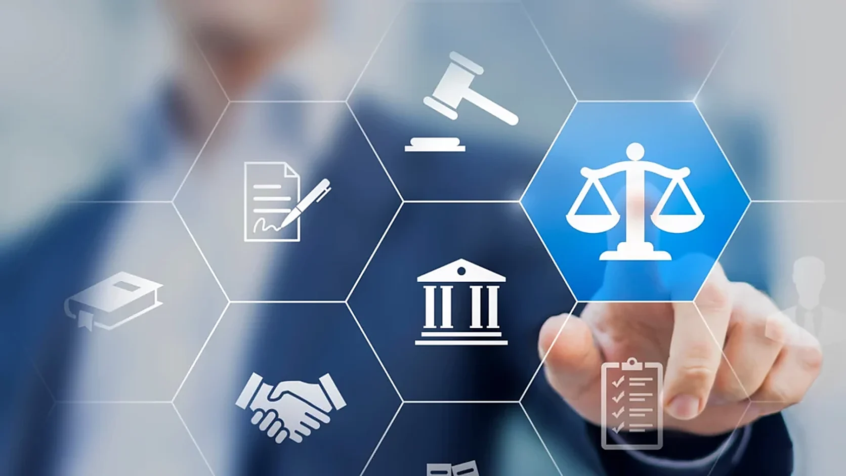 A conceptual illustration of litigation practice: a lawyer in a suit pointing to a glowing hexagon of legal icons, including scales of justice, a gavel, a courthouse, a signed contract and a handshake.