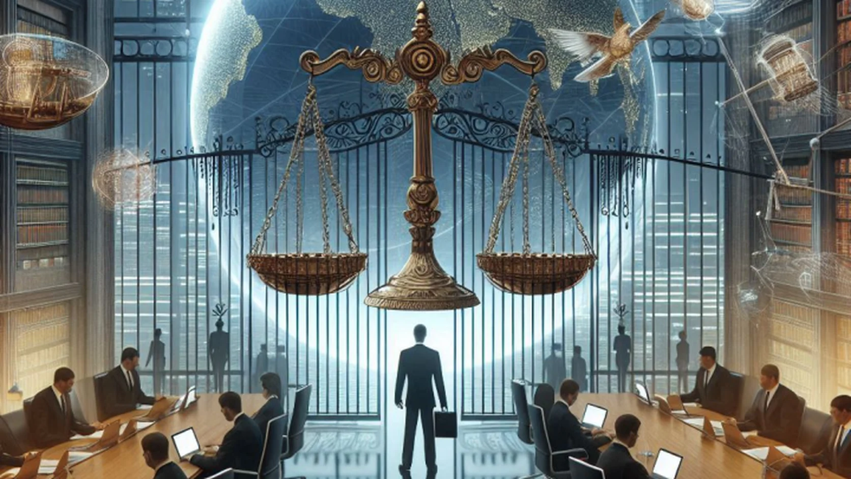 A conceptual illustration of a golden scale of justice suspended before a glowing digital globe and a wrought-iron gate, flanked by tall bookshelves, a lawyer with a briefcase standing beneath it while two rows of colleagues review documents on laptops at a long boardroom table.
