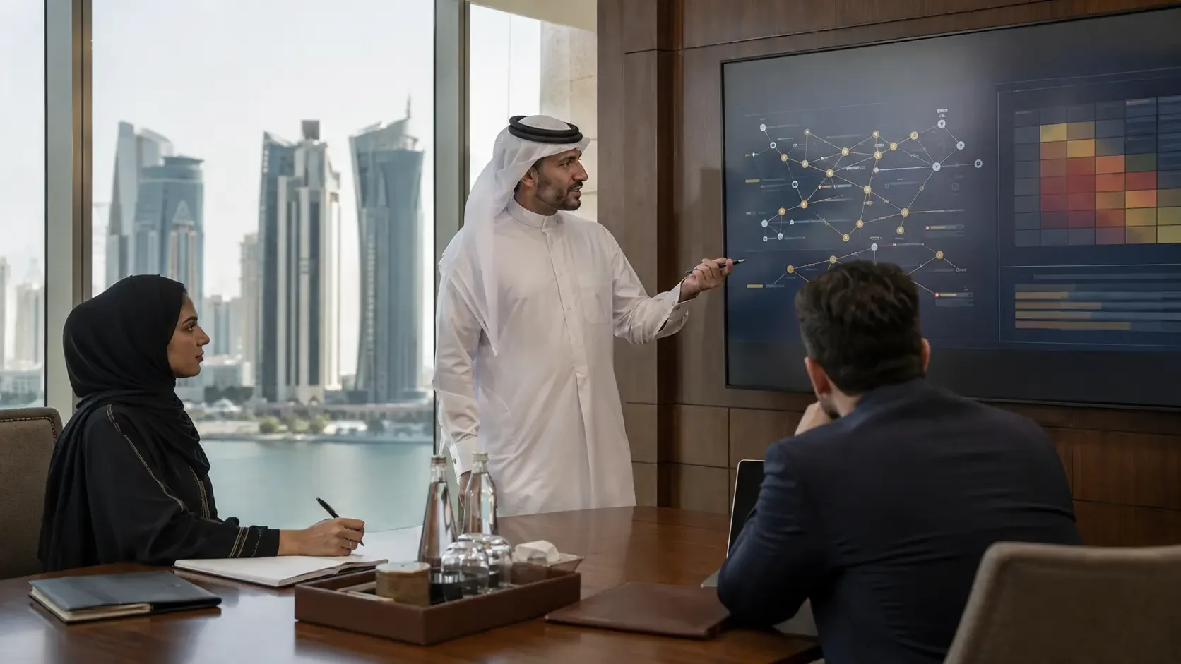 A man in Qatari dress at a wall screen of process diagrams explaining it to two colleagues seated at the table, the waterfront and towers through the window.