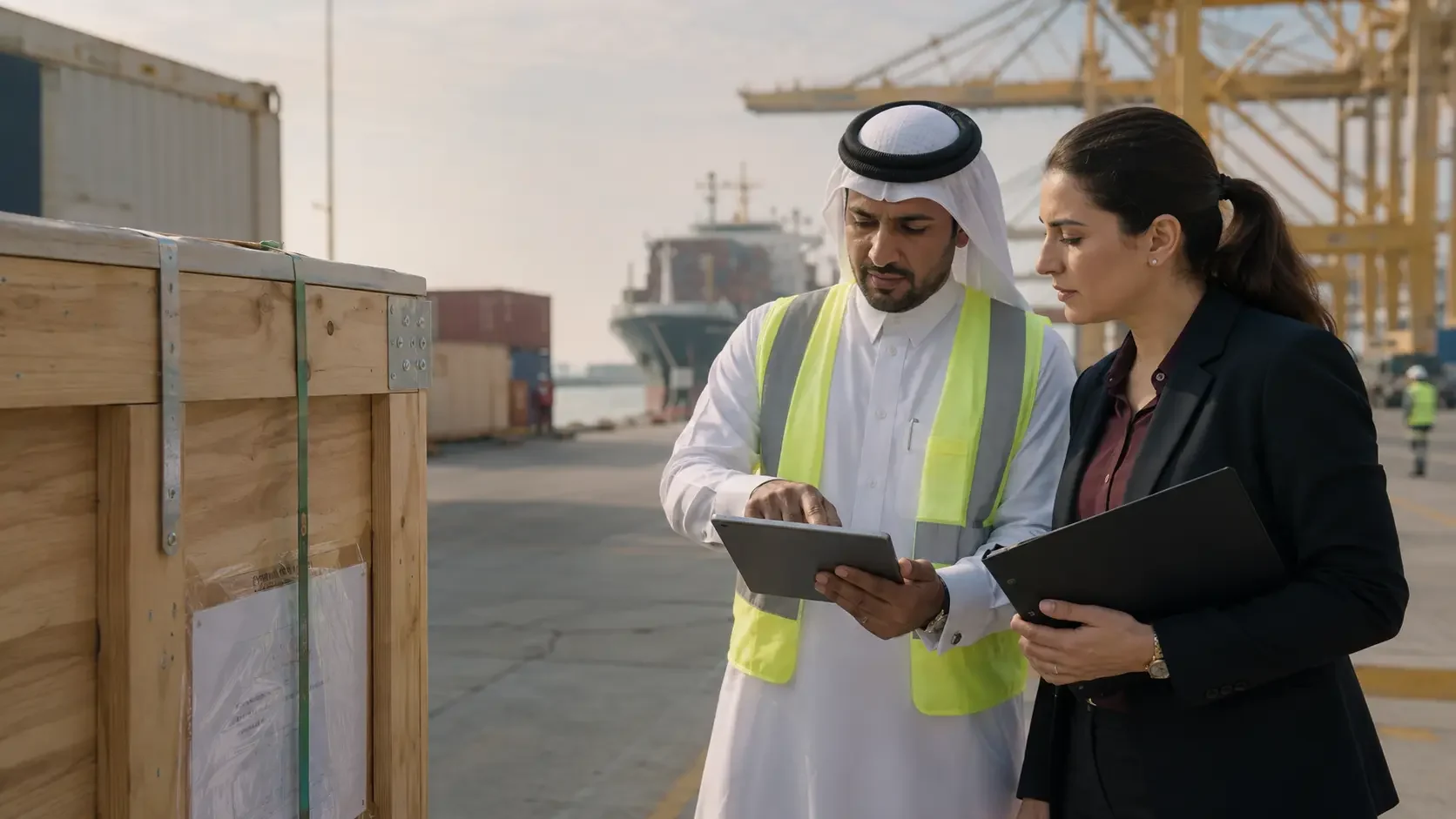 A man in Qatari dress with a tablet and a woman with a folder standing beside a crated consignment at a container terminal, ship cranes behind them.