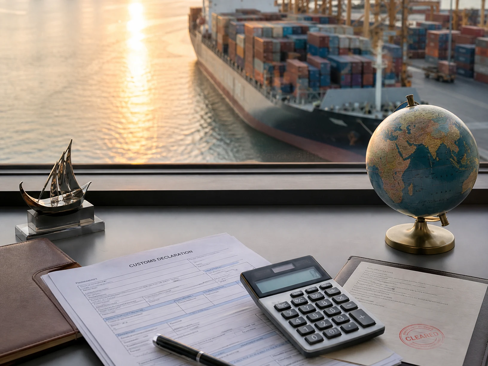 A customs declaration and a stamped clearance certificate spread on a desk with a pen and a calculator, a brass globe and a model dhow beside them, and a container ship being worked under gantry cranes at sunrise through the window.