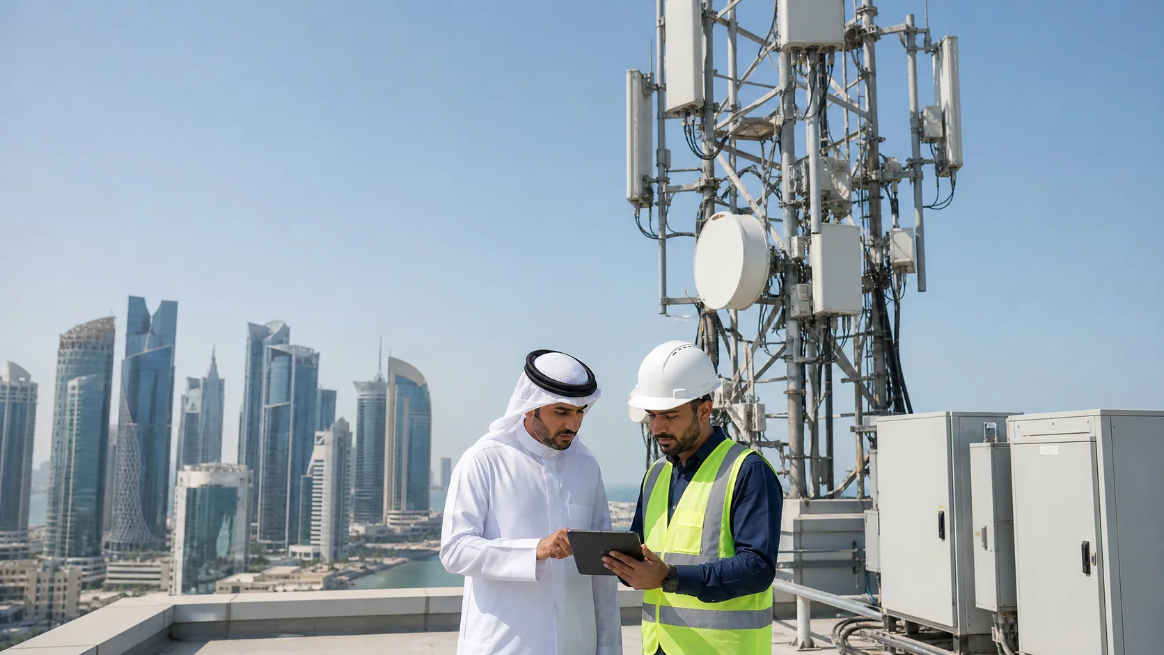 A steel telecommunications mast with panel antennas and microwave dishes over the Doha skyline, a man in Qatari dress and an engineer in a hard hat reviewing a tablet at its base.