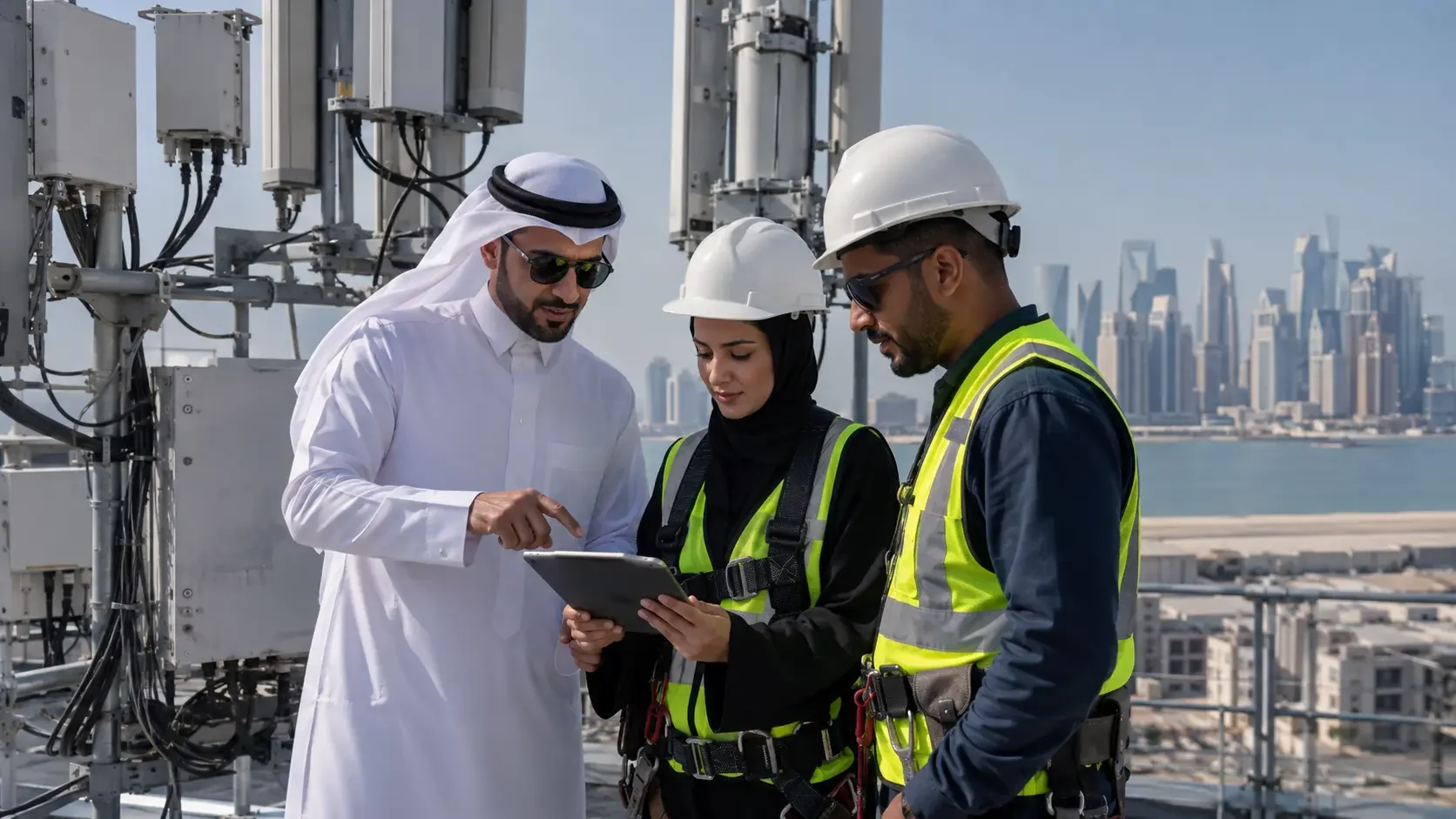 Four people in hard hats and vests reviewing a tablet on a rooftop beside mast-mounted antennas, city towers behind them.