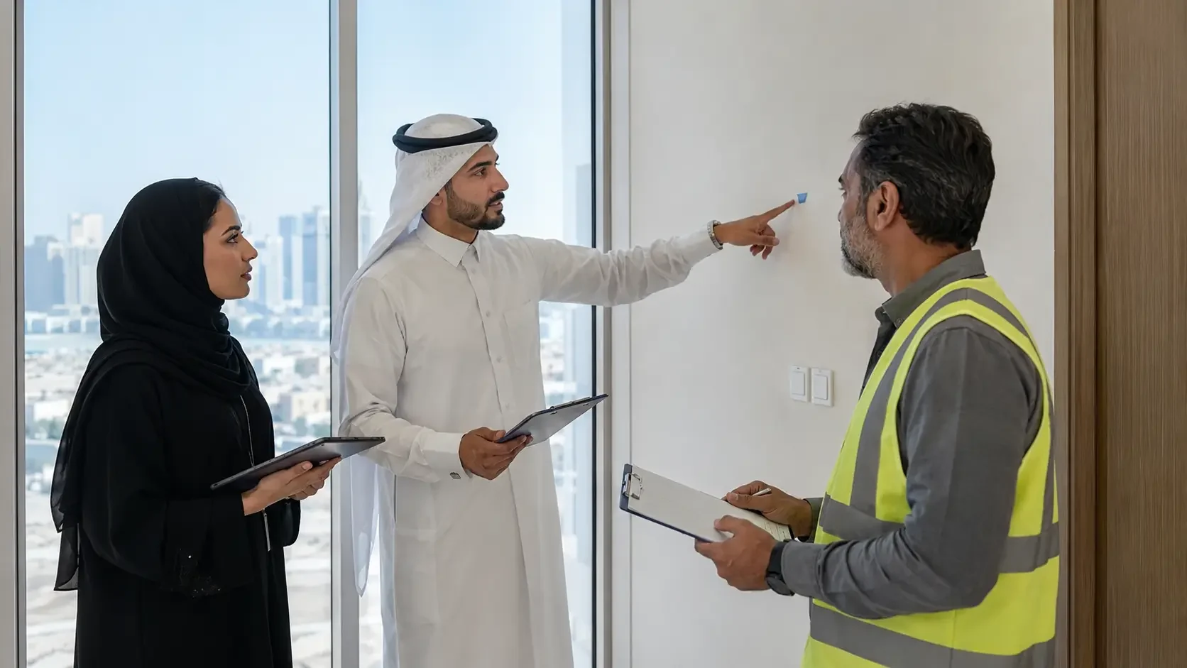 A woman with a tablet and a man in Qatari dress with a clipboard listening to a contractor in a high-visibility vest point out a defect on an interior wall.