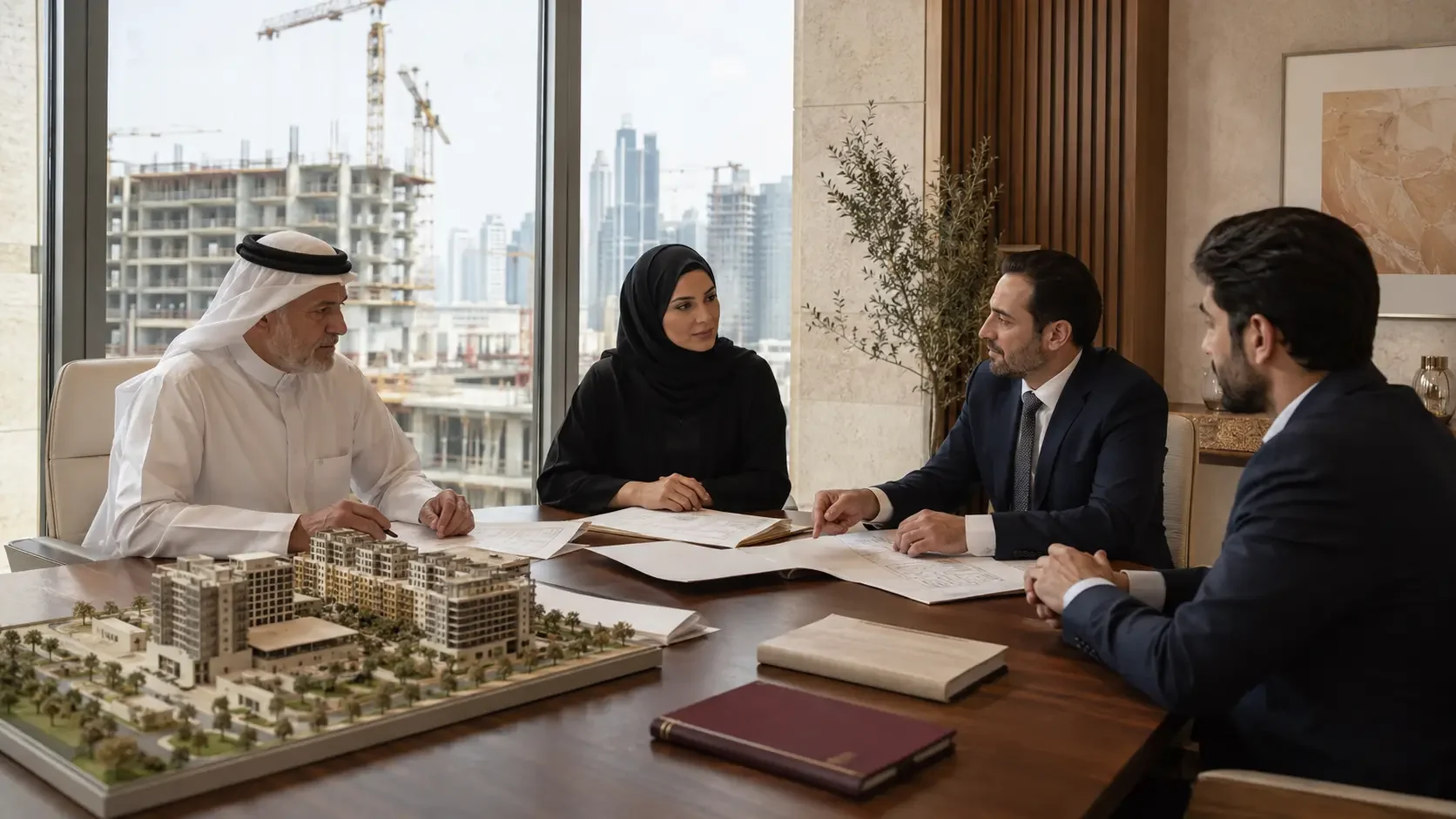 Five people around a table with a model of a residential development and lease papers, a building under construction and a tower crane through the window.